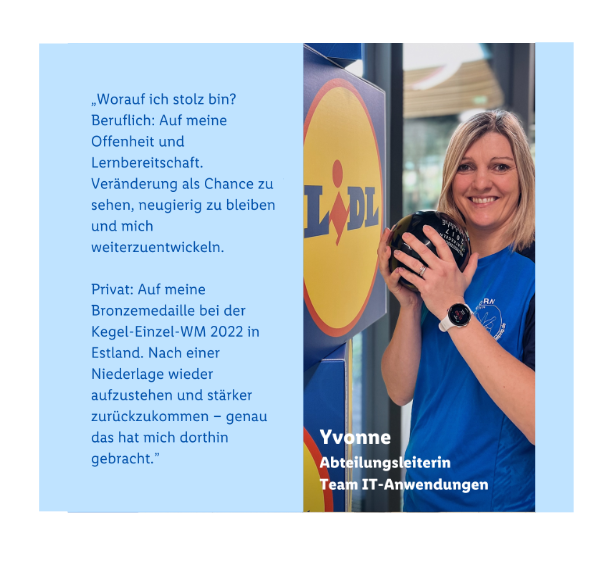 Yvonne steht mit einer Kegel Kugel in der Filiale